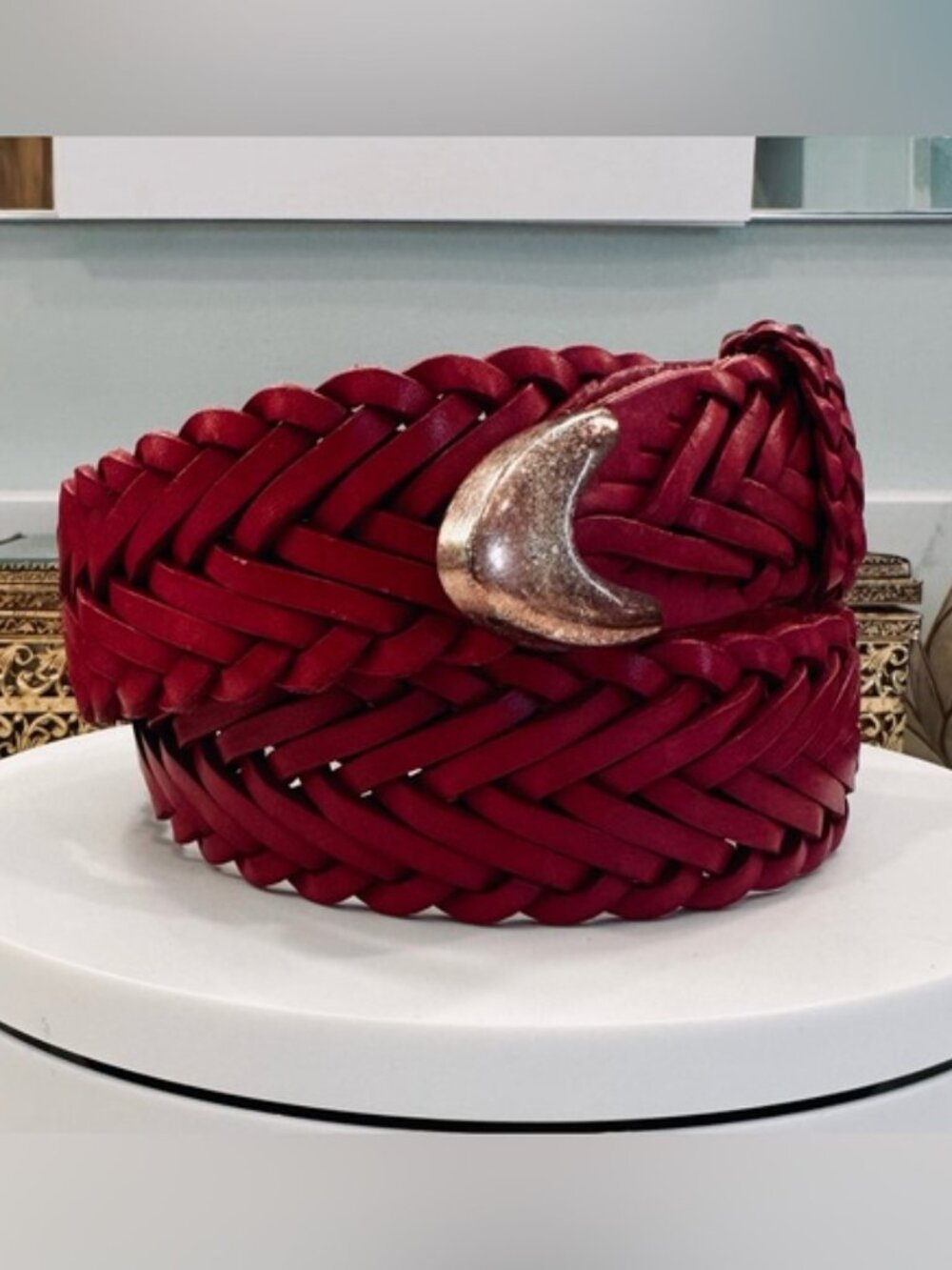 Brighton - Woven Leather Belt, Cranberry Red/Chunky Silver Details, VGUC, M